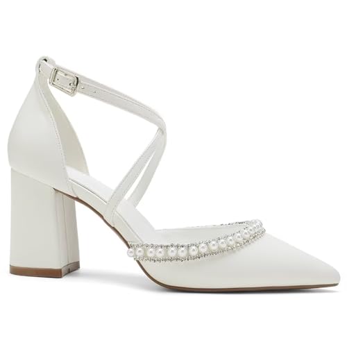 High Block Heel Wedding Shoes for Bride Closed Toe Pearl Bridal Shoes Women Chunky Heels