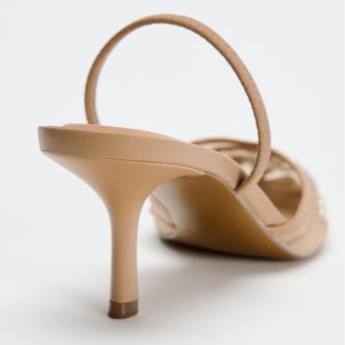 Women's Mesh Floral Embroidered Slingback Heels with Pearl Studded Pointed Toe Lace Heeled Sandals Backless Slip On Kitten Heel
