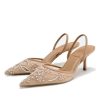 Women's Mesh Floral Embroidered Slingback Heels with Pearl Studded Pointed Toe Lace Heeled Sandals Backless Slip On Kitten Heel