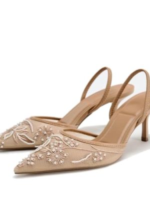 Women's Mesh Floral Embroidered Slingback Heels with Pearl Studded Pointed Toe Lace Heeled Sandals Backless Slip On Kitten Heel