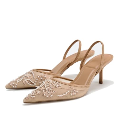 Women's Mesh Floral Embroidered Slingback Heels with Pearl Studded Pointed Toe Lace Heeled Sandals Backless Slip On Kitten Heel