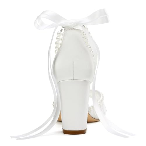Lace Wedding Shoes for Bride Pearl Heels Bridal Shoes Block Heel Wedding Sandals