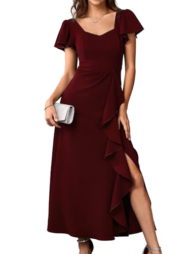 Womens Long Semi Formal Cocktail Dresses Square Neck Split Elegant Evening Party Gowns Ruffle Wedding Guest Dress