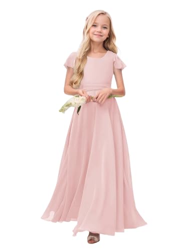 Junior Bridesmaid Dresses for Girls Chiffon Maxi Dress Ruffle Sleeves Formal Flower Girl for Wedding Prom Pageant
