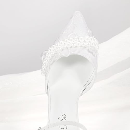 ShowHow Women's High Heels Stiletto Closed Pointed Toe Heels Pearl Lace Wedding Shoes Ankle Strap Pumps Bridal Party Wedding