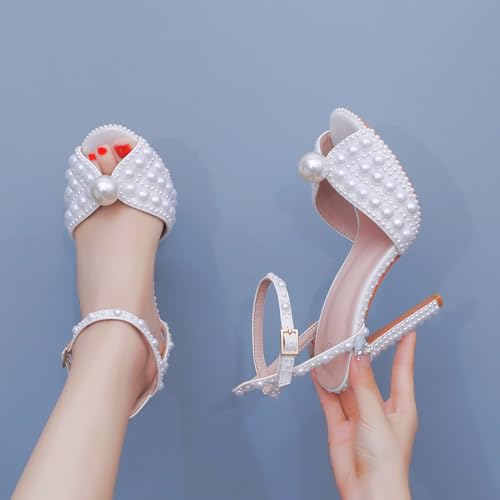 Full Pearls Stiletto heels Sandals Thin High Heels Peep Toe Sandals White Pearls Bridal Wedding Shoes Evening Wedding Sandals