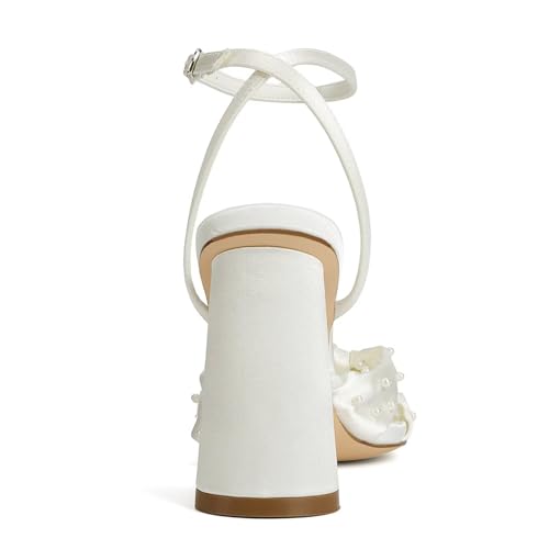 Pearl Wedding Shoes for Bride Block Heel Bridal Shoes Open Toe Wedding Heels Bow Knot Heeled Sandals
