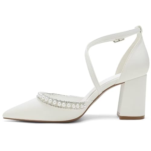 High Block Heel Wedding Shoes for Bride Closed Toe Pearl Bridal Shoes Women Chunky Heels
