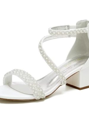 Low Block Heel Wedding Sandals for Bride Open Toe Wedding Shoes Pearl Wedding Heels Bridal Shoes