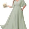 Plus Size Bridesmaid Dresses with Pockets Short Sleeve Pleated Formal Dress for Women YMS376