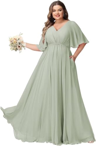 Plus Size Bridesmaid Dresses with Pockets Short Sleeve Pleated Formal Dress for Women YMS376