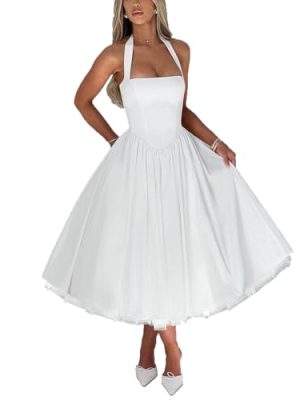 Women Summer Halter Dress Low Cut Sleeveless A Line Tulle Swing Flowy Tea Length Dress Corset Prom Formal Ball Gowns