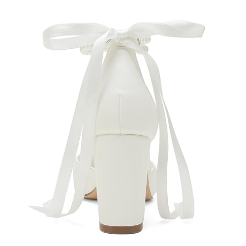 Closed Toe Pearl Heels Satin Wedding Shoes for Bride High Heels with Bow Chunky Block Heels for Women Prom Evening Party Dress