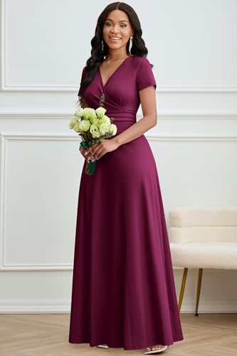 Maxi Dress for Women Long Formal Short Sleeve A Line V Neck Dresses Wedding Guest High Waist Elegant