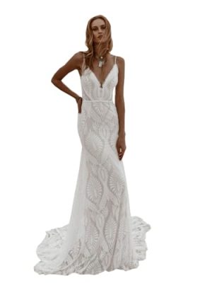 Bohemian Beach Wedding Dress Spaghetti Straps Lace Mermaid Bridal Gown with Train