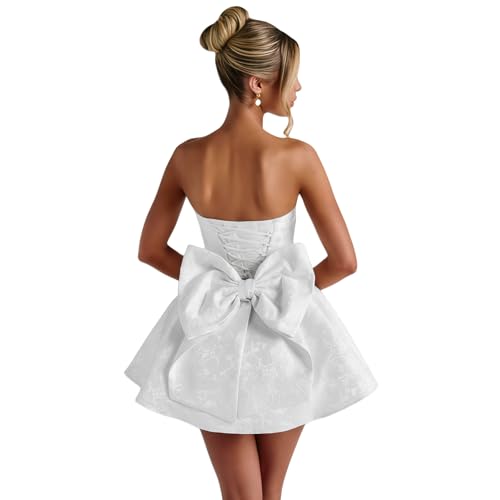 Jacquard Satin Homecoming Dress with Bow Elegant Strapless Mini Dress A Line Short Prom Dresses Party Gown