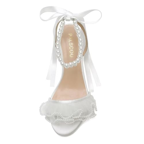 Pearl Heels Wedding Shoes for Bride Block Heel Wedding Sandals Open Toe Bridal Shoes