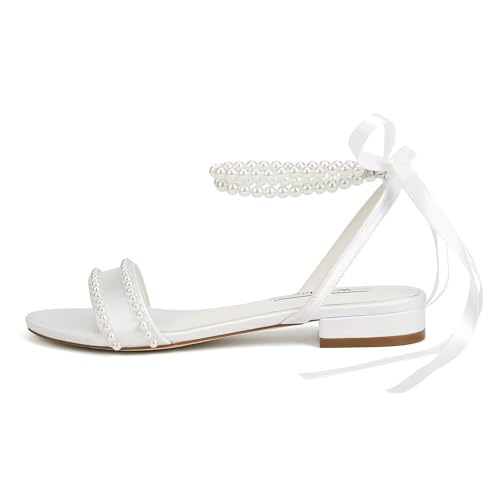 Wedding Flats Pearl Sandals Flat Wedding Shoes for Bride Open Toe Bridal Flats