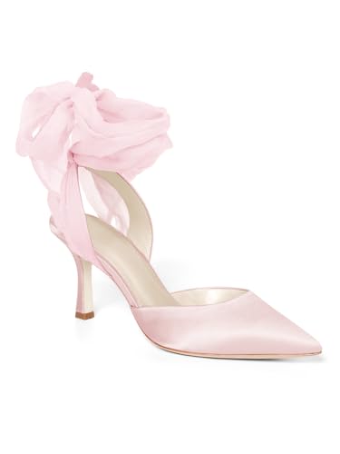 Womens Lace up Satin Heels Bow Pointed Closed Toe Bridal Dress Shoes Low Heel Wedding Elegant Pumps