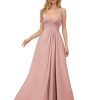 Women's Spaghetti Straps Bridesmaid Dresses Long Simple Chiffon Evening Formal Dress with Slits Pleated A Line Cocktail Gown