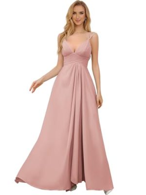 Women's Spaghetti Straps Bridesmaid Dresses Long Simple Chiffon Evening Formal Dress with Slits Pleated A Line Cocktail Gown