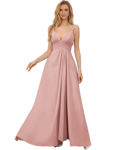 Women's Spaghetti Straps Bridesmaid Dresses Long Simple Chiffon Evening Formal Dress with Slits Pleated A Line Cocktail Gown