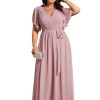 Women's Chiffon Short Sleeves A-Line V-Neck Empire Waist Floor Length Plus Size Formal Bridesmaid Dress