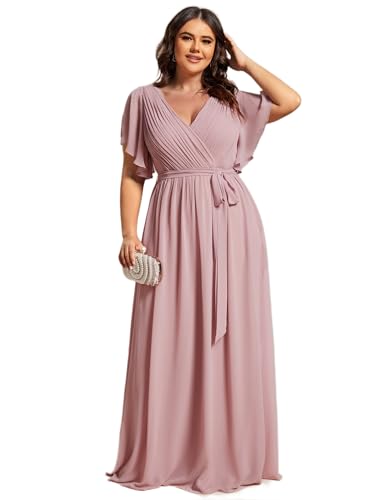 Women's Chiffon Short Sleeves A-Line V-Neck Empire Waist Floor Length Plus Size Formal Bridesmaid Dress