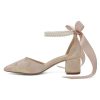 Floral Satin Wedding Shoes for Bride Block Heel Pointed Toe Pearl Bridal Shoes Wedding Heels