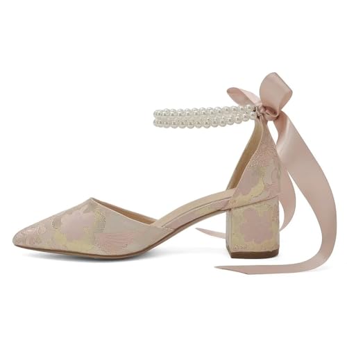 Floral Satin Wedding Shoes for Bride Block Heel Pointed Toe Pearl Bridal Shoes Wedding Heels