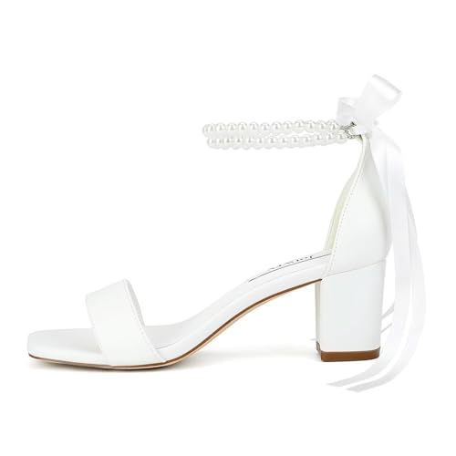 Block Heel Wedding Shoes for Bride Pearl Heels Wedding Sandals Square Open Toe Bridal Shoes