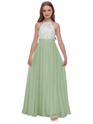 Chiffon Junior Bridesmaid Dress for Wedding Lace Applique Halter Sleeveless A-Line Long Formal Flower Girl Dress