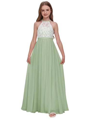 Chiffon Junior Bridesmaid Dress for Wedding Lace Applique Halter Sleeveless A-Line Long Formal Flower Girl Dress