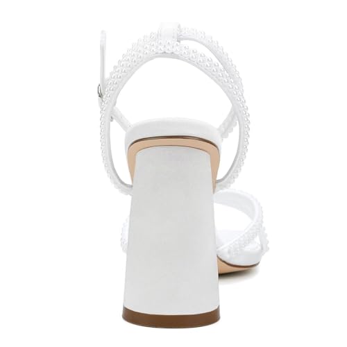 Pearl Heels Strappy Bridal Shoes Block Heel Wedding Sandals Open Toe Wedding Shoes for Bride