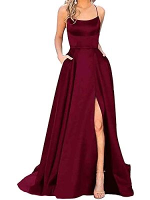 Women's Elegant Long Prom Dresses with Pockets Satin Halter Spaghetti Strap Wedding Dress Gowns