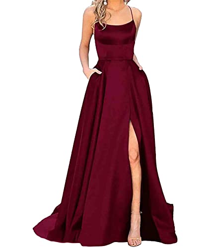 Women's Elegant Long Prom Dresses with Pockets Satin Halter Spaghetti Strap Wedding Dress Gowns