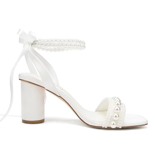 Block Heel Wedding Sandals Pearl Heels Wedding Shoes for Bride Open Toe Bridal Shoes