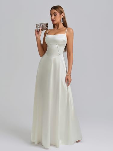 Satin Maxi Dress Spaghetti Strap Lace Up Long Formal Dresses for Women Wedding Guest Cocktail Evening Prom