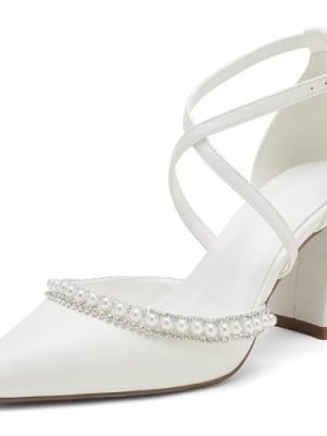 High Block Heel Wedding Shoes for Bride Closed Toe Pearl Bridal Shoes Women Chunky Heels