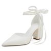 Closed Toe Pearl Heels Satin Wedding Shoes for Bride High Heels with Bow Chunky Block Heels for Women Prom Evening Party Dress