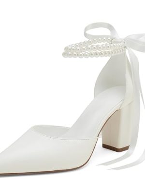 Closed Toe Pearl Heels Satin Wedding Shoes for Bride High Heels with Bow Chunky Block Heels for Women Prom Evening Party Dress