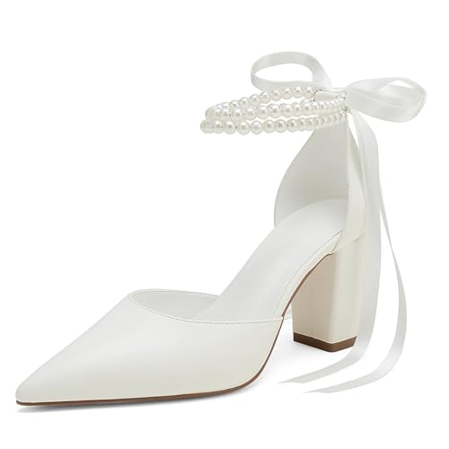 Closed Toe Pearl Heels Satin Wedding Shoes for Bride High Heels with Bow Chunky Block Heels for Women Prom Evening Party Dress