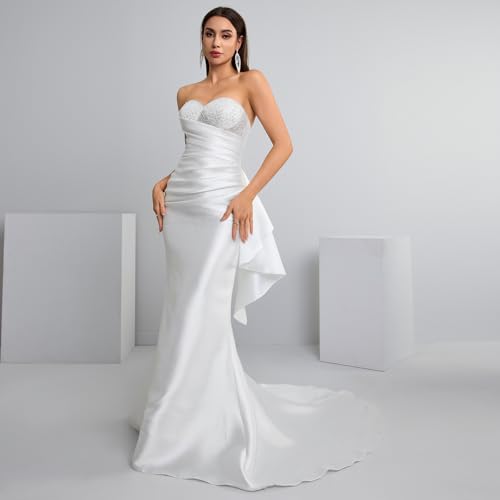 Off Shoulder Satin Wedding Dress Sleeveless – Lightweight Engagement Bridal Gown with Train for Summer Wedding