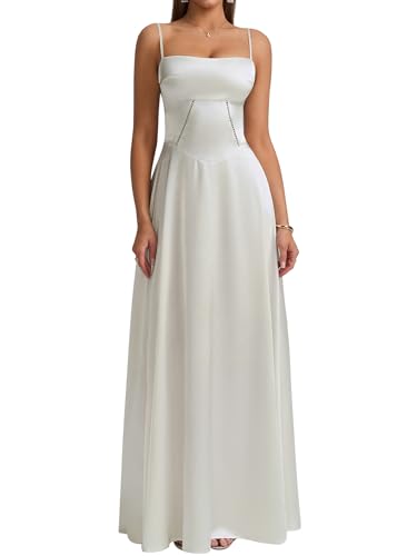 Satin Maxi Dress Spaghetti Strap Lace Up Long Formal Dresses for Women Wedding Guest Cocktail Evening Prom