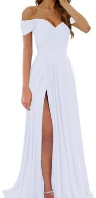 Women's Off The Shoulder Bridesmaid Dresses with Slit Satin Formal Gowns Long Prom Evening Party Dress with Pockets