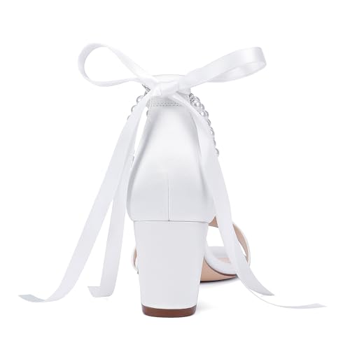 Isobud Women's Open Toe Pearl Wedding Shoes for Bride White Heels with Bow Bridal Shoes Chunky Block Satin Heels Sandals