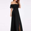 Women's Elegant Off The Shoulder Side Split High Waist Flowy Chiffon Maxi Bridesmaid Dress 00968