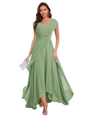 Chiffon Mother of The Bride Dresses A Line Cap Sleeves Evening Gown V Neck Formal Dress for Wedding HS095