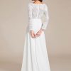 Women’s Fall Long Sleeve Lace V Neck Wedding Dress with Train Bridal Gown 01925-PH