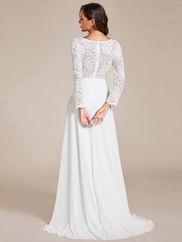 Women’s Fall Long Sleeve Lace V Neck Wedding Dress with Train Bridal Gown 01925-PH